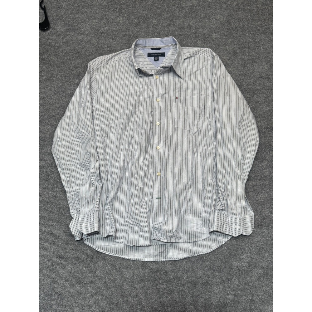 Tommy Hilfiger Mens Large Blue White Striped‎ Long Sleeve Button Down Shirt